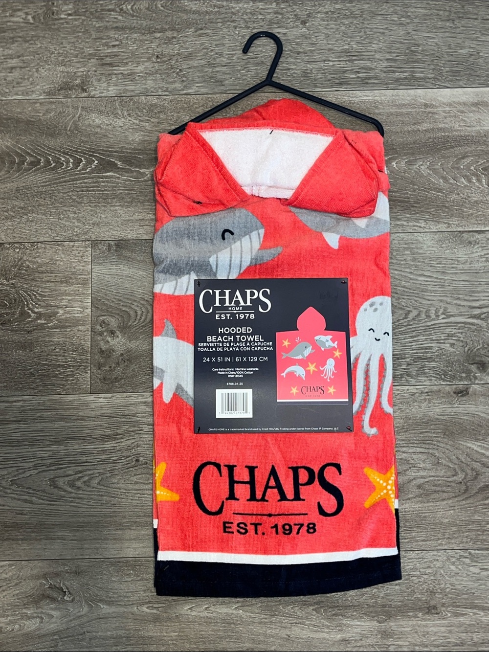 Chaps Kids Hooded Beach Towel in Coral with Sea Creature Print